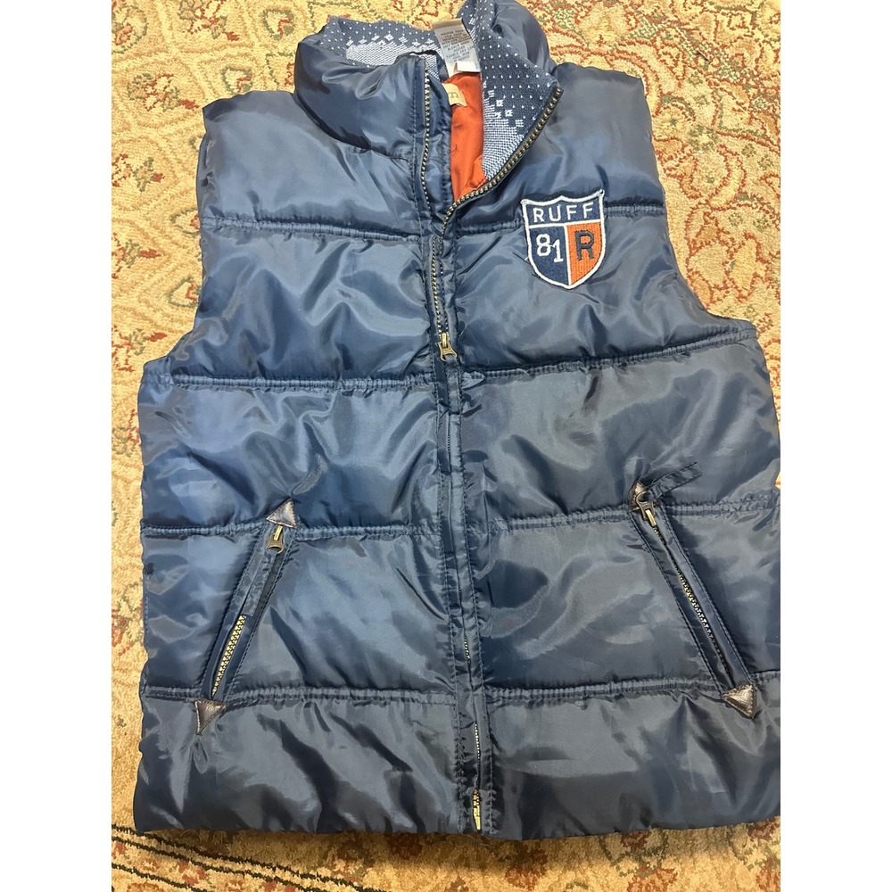RuffHewn Kids Navy Blue Quilted‎ Puffer Vest Collegiate Patch Orange Lining S 8